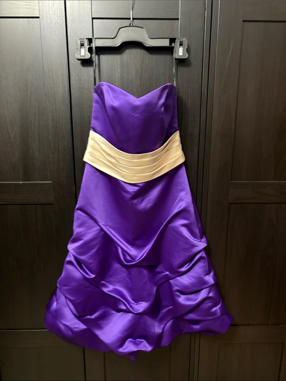 Strapless Purple Satin Midi Dress with Cream Waistband